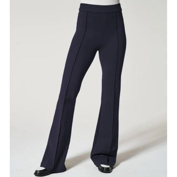 SPANX smooth PerfectFit Ponte Flare Pants Navy Blue Med High Rise Pull On Pleat - Picture 2 of 9
